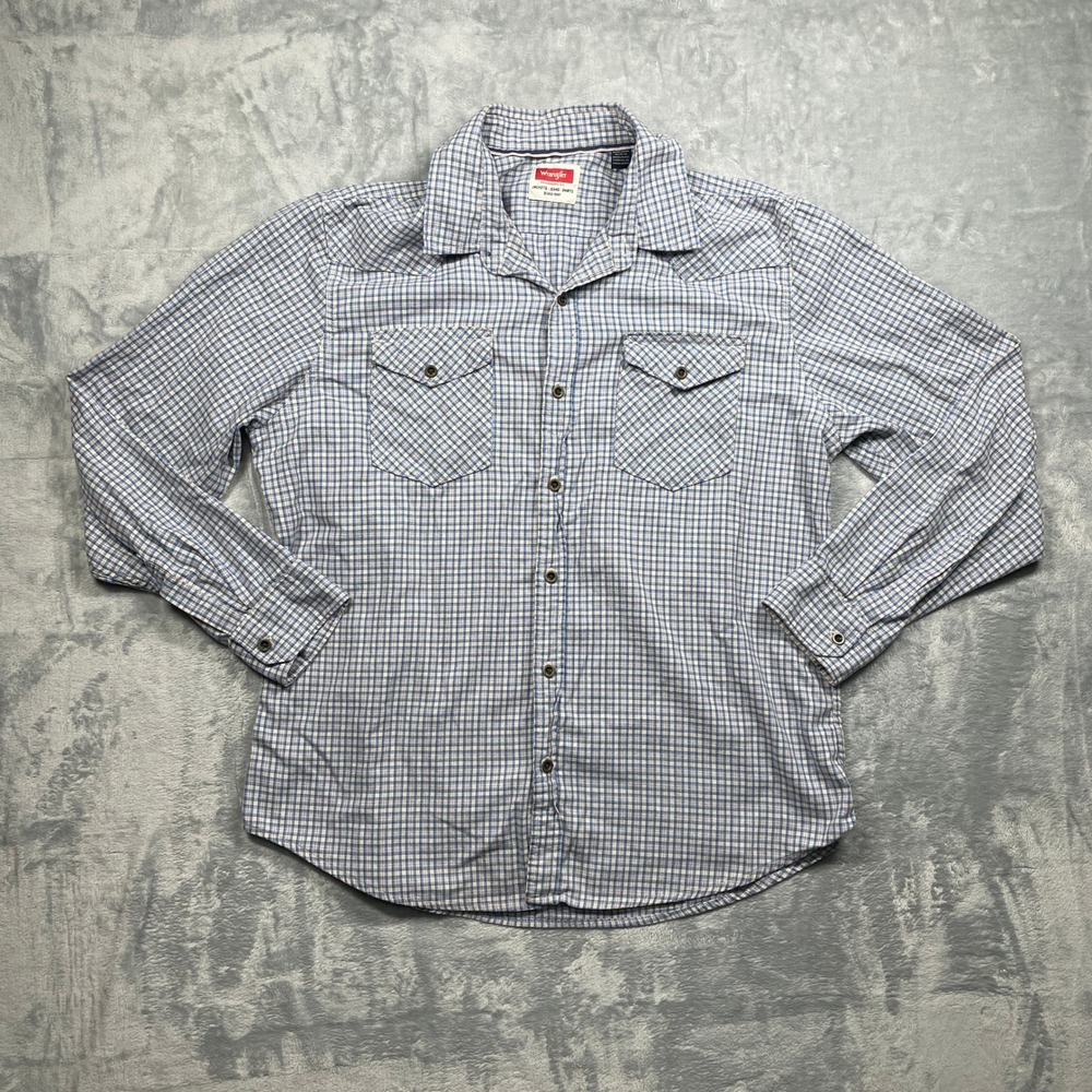 Wrangler Mens Plaid Long Sleeve Western Shirt XL Blue White Check‎ Pockets